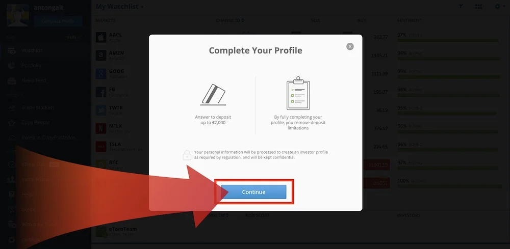 etoro complete profile now